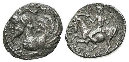 Sicily, Himera, Litra, ca. 430 BC; AR (g 0,66; mm 12,5; h 7). Forepart of human-headed monster l.; Rv. Nude male riding goat l. SNG ANS 172; HGC 2, 451. Porous, very fine