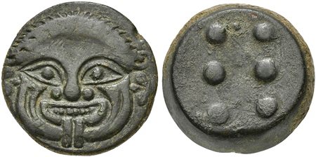 Sicily, Himera, Hemilitron, ca. 430-420 BC; AE (g 24,47; mm 26; h 4); Facing gorgoneion with protruding tongue and furrowed cheeks; Rv. Six pellets. CNS 23; SNG ANS 180; HGC 2, 472. Extremely fine