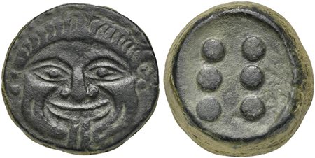 Sicily, Himera, Hemilitron, ca. 430-420 BC; AE (g 20,68; mm 26; h 9); Facing gorgoneion with protruding tongue and furrowed cheeks; Rv. Six pellets. CNS 23; SNG ANS 180; HGC 2, 472. Extremely fine