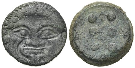 Sicily, Himera, Hemilitron, ca. 430-420 BC; AE (g 15,08; mm 23; h 9); Facing gorgoneion with protruding tongue and furrowed cheeks; Rv. Six pellets. CNS 23; SNG ANS 180; HGC 2, 472. Very fine