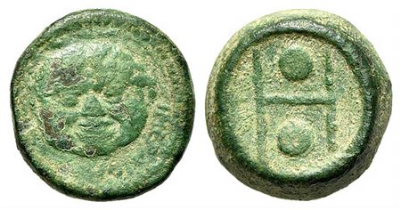 Sicily, Himera, Hexas, ca. 430-409 BC; AE (g 9,92; mm 19,5; h 1). IMEPAION, Gorgoneion; Rv. Two pellets within large H; all in concave circular incuse. CNS I, -; SNG ANS -; HGC 2, -; cf. Triton IX, 9 January 2006, lot 690. Extreme