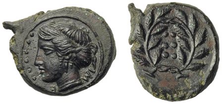 Sicily, Himera, Hemilitron, ca. 415-409 BC. AE (g 5,22; mm 20; h 3). Head of nymph l.; before, six pellets, Rv. Six pellets within wreath. CNS 35; SNG ANS 186; HGC 479. Dark green patina and about fdc.