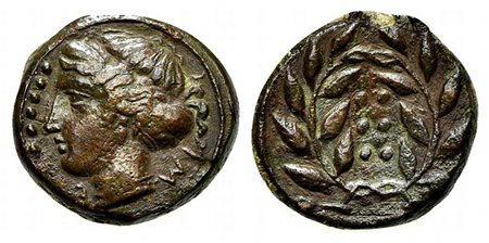 Sicily, Himera, Hemilitron, ca. 415-409 BC. AE (g 3,79; mm 15; h 7). Head of nymph l.; before, six pellets, Rv. Six pellets within wreath. CNS 35; SNG ANS 186; HGC 479. About extremely fine