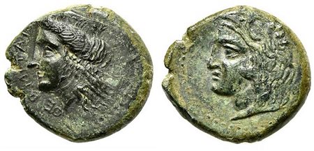 Sicily, Himera - Thermai Himeransis, Hemilitron, ca. 367-350 BC. AE (g 8,63; mm 22; h 6). ΘΕΡΜΙΤΑΝ, Head of Hera l., wearing ornate polos; Rv. Head of Herakles l., wearing lion skin. CNS 1; HGC 2, 1618. Green patina, very fine