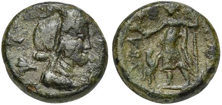 Sicily, Hybla Megala, ca. 2nd century BC; AE Trias(?) (g 8,11; mm 20; h 12); Veiled bust of Artemis-Hyblaia r., wearing polos; bee to l.; Rv. YBΛAΣ [MEΓAΛAΣ] Dionysos standing l., holding kantharos and thyrsos; panther to lower l.