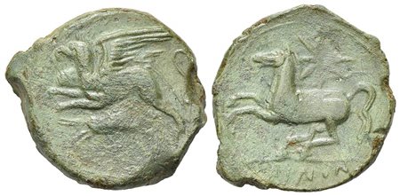 Sicily, "Kainon", ca. 360-340 BC. AE (g 10,53; mm 24; h 9). Griffin springing l.; below, grasshopper l.; Rv. KAINON, Horse prancing l., trailing rein; star above. Campana 3; CNS 15; SNG ANS 1176 (Alaesa); HGC 2, 509. Green patina,