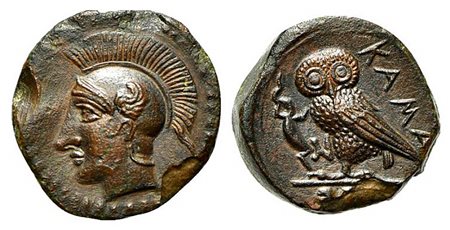 Sicily, Kamarina, Tetras, ca. 410-405 BC. AE (g 3,30; mm 14; h 12). Head of Athena l., wearing crested Corinthian helmet; Rv. KAMA, Owl standing l., grasping lizard. CNS 33-4; SNG ANS 1228-9; HGC 2, 548. Brown patina, near extreme