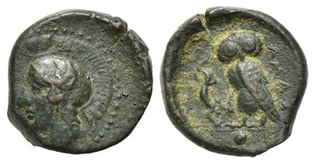 Sicily, Kamarina, Onkia, ca. 410-405 BC. AE (g 1,31; mm 11; h 11). Head of Athena l., wearing crested Corinthian helmet; Rv. KAMA, Owl standing l., grasping lizard; pellet in exergue. CNS 36; SNG ANS -; HGC 2, 554. Very fine