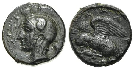 Sicily, Kamarina, Tetras, ca. 410-405 BC. AE (g 3,57; mm 15; h 6). Head of Athena l., wearing crested helmet; olive spray before; Rv. KAMA, Owl with spread wings standing l., tearing at lizard with beak. CNS 41; SNG ANS -; HGC 2, 