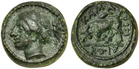 Sicily, Kamarina, Onkia, ca. 339-300 BC. AE (g 1,99; mm 12; h 4). Female head l., Rv. ΚΑΜΑΡΙΝΑΙΩΝ, bull butting l. CNS 45; SNG ANS 1312. Very rare. Green patina, good extremely fine.