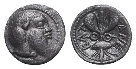 Sicily, Katane, Litra, ca. 461-450 BC. AR (g 0,67; mm 11; h 6). Head of Silenos r.; Rv. KAT-ANE, Winged thunderbolt; two shields flanking. Boehringer, Kataneische, Series I, Li 1; HGC 2, 587. Dark patina, good very fine