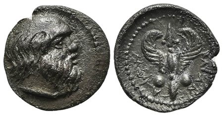 Sicily, Katane, Litra, ca. 430-415/3 BC. AR (g 0,82; mm 10; h 10). Head of Silenos r.; Rv. ΚΑΤΑΝΑΙΩΝ, Winged thunderbolt; round shield to l. and r. SNG ANS 1264; HGC 2, 589. Porous, good very fine