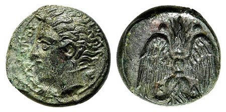 Sicily, Katane, Tetras or Trionkion, ca. 415/3-403/2 BC. AE (g 2,19; mm 12; h 4). AMENANOΣ, Horned head of Amenanos l.; Rv. K - A, Winged thunderbolt; three pellets around. CNS 1; HGC 2, 607. Green patina, very fine