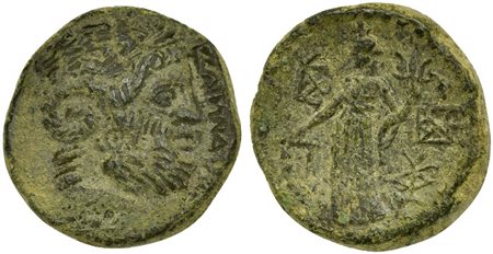 Sicily, Katane, Bronze, 2nd-1st century BC. AE (g 8,67; mm 20; h 12). ΚΑΤΑΝΑΙΩΝ, laureate head of Zeus Ammon r., Rv. Aequitas standing l., holding scales and cornucopiae; on l., monogram; on r., two monograms. CNS 17; SNG ANS 1298