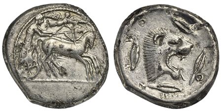 Sicily, Leontini, Tetradrachm, ca. 476-468 BC. AR (g 16,70; mm 27; h 9). Charioteer driving fast quadriga r., holding kentron and reins; above, Nike flying r.,crowning horses, Rv. L - E - O - N - T - I -N - O - N, head of roaring 