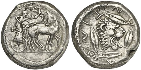 Sicily, Leontini, Tetradrachm, ca. 476-466 BC; AR (g 16,92; mm 24; h 6); Charioteer driving fast quadriga r.; above, Nike flying r., crowning horses; Rv. [ΛE]ONTINON, Head of roaring lion r.; four barley grains around. SNG ANS 203