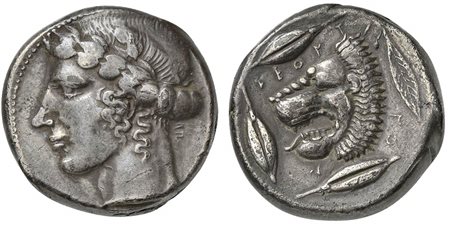 Sicily, Leontini, Tetradrachm, ca. 466-405 BC. AR (g 17,24; mm 24; h 6). Laureate head of Apollo l., Rv. LEONT - I - NO - N, head of roaring lion l.; around, three barley grains; behind, leaf. Boehringer, Münzgeschichte 53; SNG AN