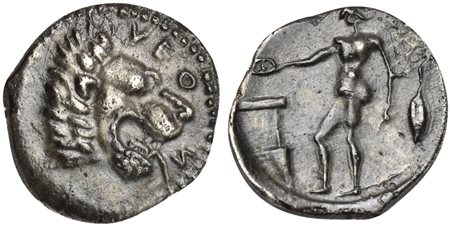 Sicily, Leontini, Litra, ca. 455-430 BC. AR (g 0,54; mm 12; h 9). ΛEO - N, head of a roaring lion r.; Rv. River god, nude, standing l., pouring libation on altar from patera and cradling olive branch; on r., barley grain. SNG ANS 