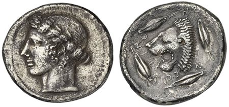 Sicily, Leontini, Tetradrachm, ca. 455-422 BC. AR (g 16,26; mm 30; h 12). Laureate head of Apollo l., hair rolled behind neck, Rv. Λ - EON – T – INO - N, head of roaring lion l.; around, four barley grains. SNG Budapest 188; SNG C