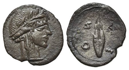 Sicily, Leontinoi, Litra, ca. 450-440 BC. AR (g 0,42; mm 11,5; h 6). Diademed head of nymph(?) r.; Rv. ΛEON, Barley grain. SNG ANS 263; HGC 2, 690. Good very fine 