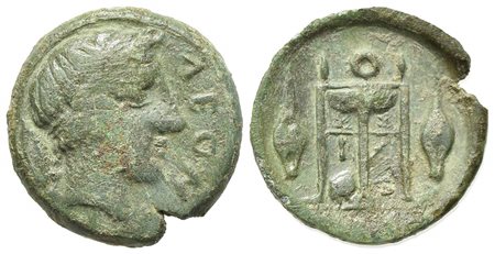 Sicily, Leontini, Onkia, ca. 405-402 BC. AE (g 1,75; mm 14; h 4). ΛEON, Head of Apollo r., wearing laurel wreath; olive leaf and berry to l.; Rv. Tripod; kithara within legs, barley grains flanking, pellet in exergue. CNS 4; SNG A