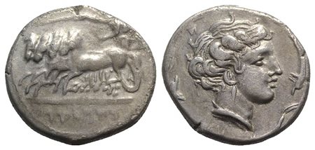 Sicily, Lilybaion (as ‘Cape of Melkart’), ca. 330-305 BC; AR Tetradrachm (g 16,64; mm 27; h 11). Charioteer, holding kentron and reins, driving fast quadriga l.; Rv. Head of Arethusa r., wearing single-pendant earring; three dolph