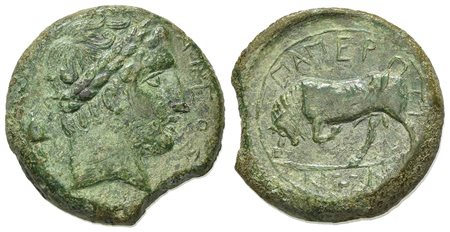 Sicily, Messana. The Mamertinoi, Quadruple Unit, ca. 288-278 BC. AE (g 17.67; mm 27; h 10). APEOΣ, Laureate head of Ares r.; helmet behind; Rv. MAMEPTINΩN, Bull butting l. CNS 1; SNG ANS 399; HGC 2, 864. Green patina, very fine