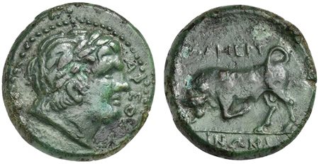 Sicily, Messana, The Mamertinoi, Double Unit, ca. 288-278 BC; AE (g 8,74; mm 22; h 5); APEO[Σ], Laureate head of Ares r.; Rv. MAMEPT/INΩN, Bull butting l. CNS 9; SNG ANS 410-1; HGC 2, 868. Green patina, very fine