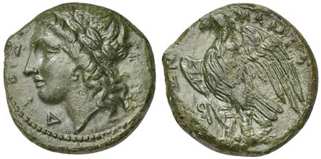 Sicily, Messana, The Mamertinoi, Uncia, ca. 288-278 BC; AE Uncia (g 3,53; mm 18; h 9); ΔIOΣ laureate head of Zeus l.; Rv. MAMEPT[IN]ΩN, Eagle standing l., with wings displayed, on thunderbolt; retrograde R to l. CNS 15 Rs 1; SNG A