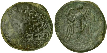 Sicily, Messana, The Mamertinoi, Quadruple, ca. 278-270 BC. AE (g 22,35; mm 27; h 9). Laureate head of Ares l., behind, helmet with apex, Rv. ΜΑΜΕΡ - ΤΙΝΩΝ, Nike standing l., with wings spread, holding wreath and stylis. CNS 16. V