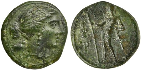 Sicily, Messana, The Mamertinoi, Onkia, ca. 220-200 BC. AE (g 1,61; mm 14; h 7). Head of Aphrodite r.; behind, dove, Rv. Naked warrior, laureate, standing to l., holding sword and spear; on l., throphy and monogram. CNS 37; SNG AN