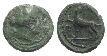 Sicily, Messana, The Mamertinoi, Trichalkon, ca. 220-200 BC. AE (g 1.26g, mm 12, h 9). Head of Artemis r.; behind, quiver, Rv. Hound standing l., head r., raising forepaw; on l. field, mark of value. CNS I, -; SNG ANS -; HGC 2, 85