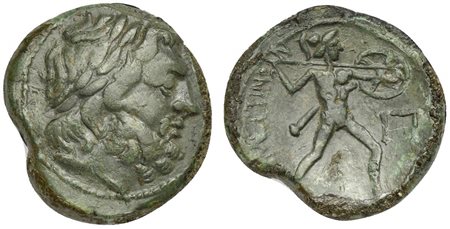 Sicily, Messana, The Mamertinoi, Pentonkion, ca. 211-208 BC; AE (g 6,57; mm 25; h 11); Laureate head of Zeus r.; Rv. [MA]MEPTINΩN, Warrior, holding spear and shield, advancing r.; Π to r. CNS 51; SNG ANS 459-60; HGC 2, 858. Green 