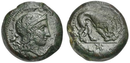 Sicily, Morgantina, ca. 339/8-317 BC; AE Litra (g 17,62; mm 25; h 5); Helmeted head of Athena r.; behind, retrograde Γ and owl; Rv. [MOPΓANTINΩN], Lion r., devouring head of stag; monogram in exergue. Campana 7 B/b; CNS 1; SNG ANS