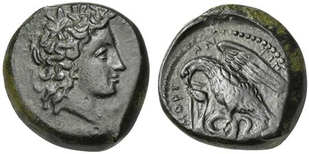 Sicily, Morgantina, ca. 339/8-317 BC; AE Hemilitron (g 8,79; mm 21; h 12); Laureate head of Apollo r.; Rv. MOPΓANTIN[ΩN], Eagle standing l. on serpent. Campana 8a; CNS 3; SNG ANS 468; HGC 2, 905. Extremely fine