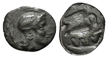 Sicily, Panormos as Ziz, Litra, ca. 405-380 BC; AR (g 0,63; mm 11; h 3). Helmeted head of Athena r.; Rv. Swan r.; waves below. Jenkins, Punic, p. 75, 11; HGC 2, 1045. Good fine