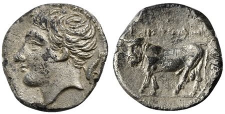 Sicily, Panormos as Ziz, Litra, ca. 405-380 BC; AR (g 0,62; mm 10; h 6); Male head l.; dolphin behind Rv. Man-headed bull standing l. SNG ANS 548 var. (symbol); cf. HGC 2, 1047. Very fine