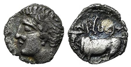 Sicily, Panormos as Ziz, Litra, ca. 405-380 BC; AR (g 0,41; mm 8,5; h 3); Male head l.; Rv. Man-headed bull standing l. ; SNG ANS -; HGC 2, 1047. Near very fine