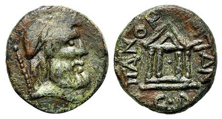 Sicily, Panormos, ca. 60-33 BC. AE (g 7,47; mm 21; h 12). Laureate head of Zeus r.; sceptre behind; Rv. ΠANOPMITAN, Tetrastyle temple; C•D below. RPC 636; CNS 160; HGC 2, 1072. Very fine