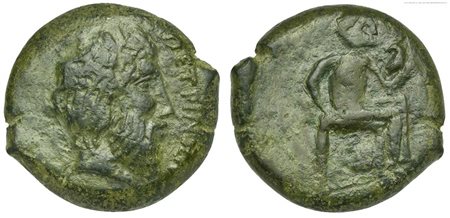 Sicily, Petra, Litra, ca. 354-344 BC. AE (g 26,20; mm 32; h 12). Head of Zeus Eleutherios r., Rv. Aphrodite seated r., playing with dove. Castrizio Series I, 1; Campana 1; CNS 1; HGC 1097. Very rare. Dark green patina and about ex