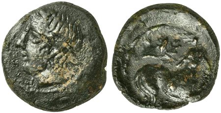 Sicily, Piakos, Onkia, ca. 420-400 BC. AE (g 1,32; mm 11; h 2). Laureate head of horned river-god l., Rv. Hound crouching r.; above, two oak leaves. CNS 3. Extremely rare, about extremely fine.