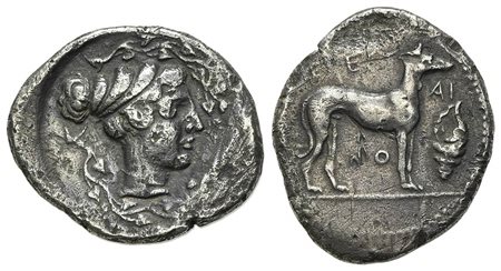 Sicily, Segesta, Didrachm, ca. 412-400 BC. AR (g 7.78, mm 21, h 3). [EΓ]EΣTAION, Hound standing r.; murex shell to r.; Rv. Head of Aigiste r.; ivy branch above and below. Hurter 184; HGC 2, 1149. Near very fine