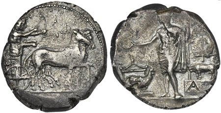 Sicily, Selinos, Tetradrachm, ca. 455-409 BC; AR (g 16,79; mm 29; h 7); Artemis, holding reins, driving quadriga r.; beside her, Apollo standing r., drawing bow; barley grain in exergue; Rv. [ΣEΛINONTION], Selinos standing l., hol