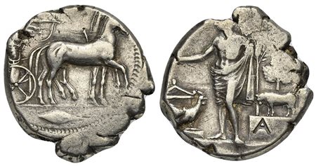 Sicily, Selinos, Tetradrachm, ca. 455-409 BC. AR (g 17,08; mm 26; h 5). Apollo and Artemis, standing side by side in slow quadriga r.; Apollo, nude to waist, holding bow, Artemis holding the reins; in ex. grain of corn, Rv. ΣΕΛΙ −