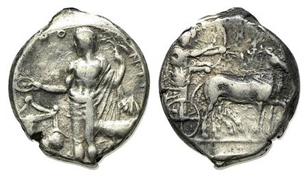 Sicily, Selinos, Tetradrachm, ca. 440-420 BC. AR (g 17,08; mm 27,5; h 12). Artemis, holding reins, driving quadriga l.; beside her, Apollo standing l., drawing bow; barley grain in exergue; Rv. Selinos standing l., holding branch 