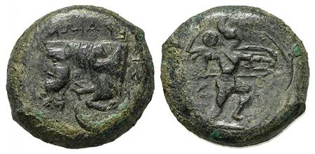 Sicily, Sileraioi, Litra, ca. 340-330 BC. AE (g 27,41; mm 28; h 6). ΣIΛEPAIΩN (retrograde), Forepart of man-headed bull l.; Rv. ΣIΛ (retrograde), Warrior advancing r., holding shield and spear. Campana 1; CNS 1; SNG ANS -; HGC 2, 