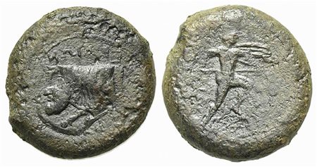 Sicily, Sileraioi, Litra, ca. 340-330 BC. AE (g 33,08; mm 30; h 6). ΣIΛEPAIΩN (retrograde), Forepart of man-headed bull l.; Rv. ΣIΛ (retrograde), Warrior advancing r., holding shield and spear. Campana 1; CNS 1; SNG ANS -; HGC 2, 