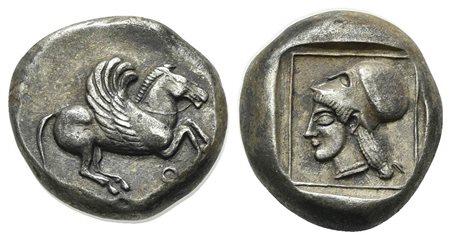 Corinth, Stater, ca. 500-480 BC; AR (g 8.42, mm 17, h 9). Pegasos flying r.; koppa below; Rv. Helmeted head of Athena l. within incuse square. Pegasi 60; BCD Corinth –. Near extremely fine