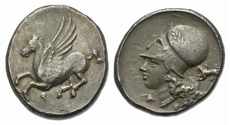 Corinth, Stater, ca. 375-300 BC; AR (g 8,40; mm 20,5; h 3). Pegasos flying l.; koppa below; Rv. Helmeted head of Athena l., wearing Corinthian helmet decorated with laurel wreath; chimaera behind. Pegasi 428; BCD Corinth 102. Good