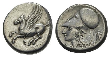 Corinth, Stater, ca. 375-300 BC; AR (g 8,58; mm 19,5; h 2). Pegasos flying l.; Rv. Helmeted head of Athena l.; Δ-I flanking neck truncation; behind, Artemis running r., holding torch. Pegasi 457; BCD Corinth 133. Good very fine